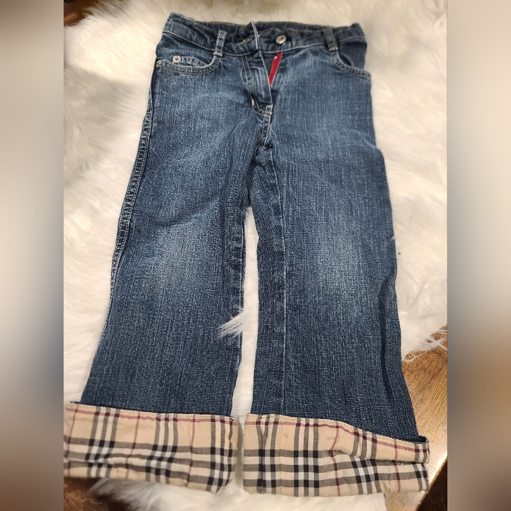 Burberry Blue Kids Jeans with Plaid Cuffs